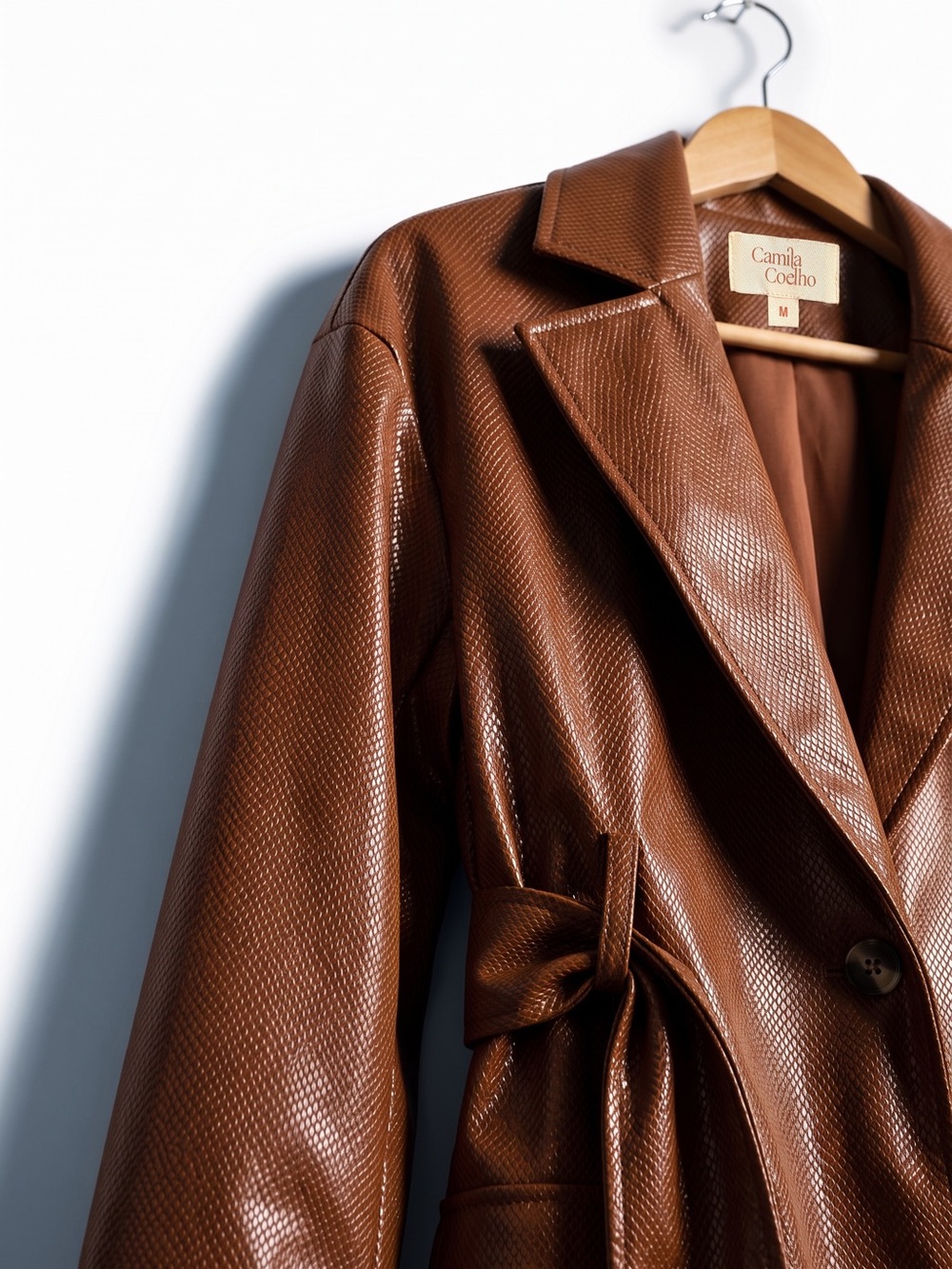 Revolve Camila Coelho Esma Trench Coat Cognac Vegan Leather Belted Revolve M - Picture 4 of 10